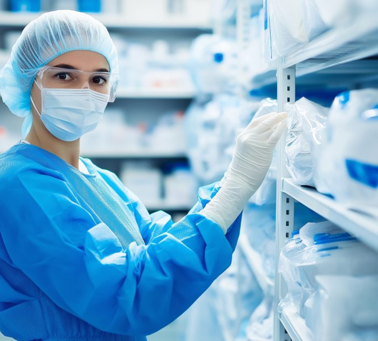 Female healthcare worker in protective scrubs and a mask organizing medical supplies on shelves in a hospital storage room.