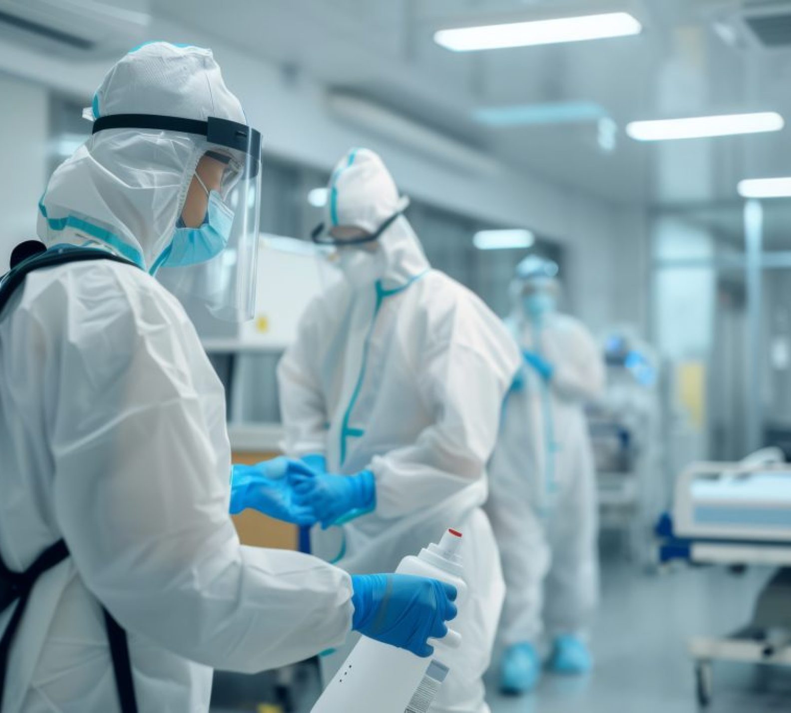 Healthcare Workers in Protective Suits Sanitizing Room